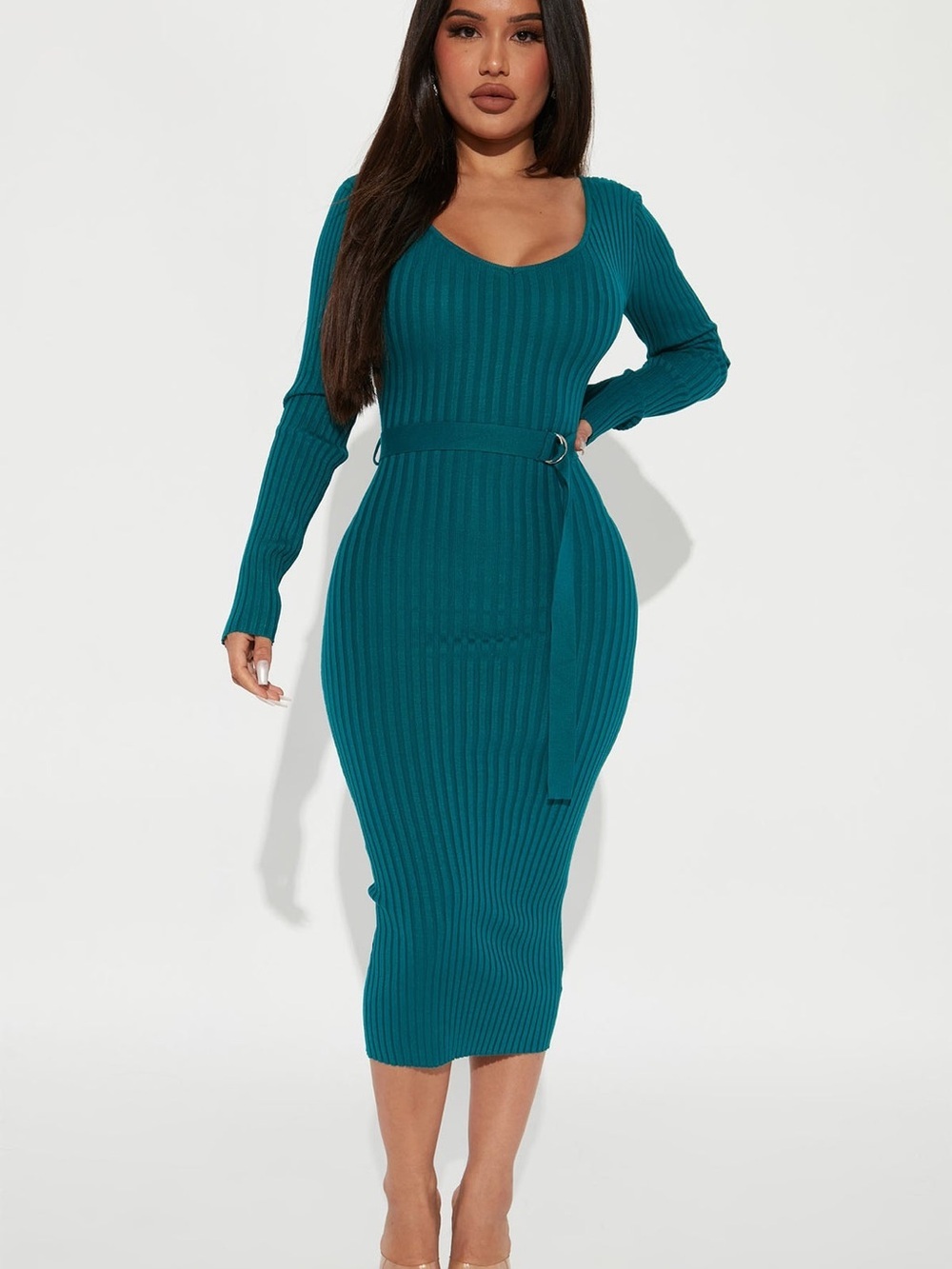 Teal Ribbed V‑Neck Long Sleeve Maxi Dress